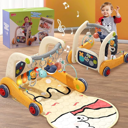 4 in 1 Baby Play Mat Activity Gym,Baby Kick and Play Piano Tummy Time Mat,Musical Learning Push Walker with Light up Interactive Toys Gift for Babies 0-6-12 Months Infant Boys Girls Newborn