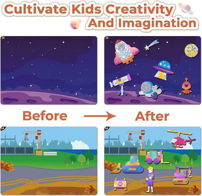 SOOVSY 200 Sheets Space Vehicles Foil Art Fun Kit for Kids, Foil Art for Kids, No Mess Art Crafts Kit DIY Creative Activity Birthday Gift Children Travel Toys for 4 5 6 7 8 9 Years Old Girls Boys