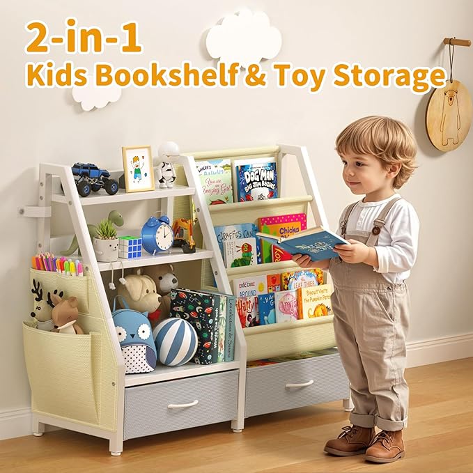 Twinkoo Kids Bookshelf and Toy Organizer, Sturdy 3 Tier Kid Bookcase, Sling Bookshelf and 2 Toy Bins, Toddler Montessori Book Shelf with Toy Storage Organizer for Children Room, Playroom, Nursery