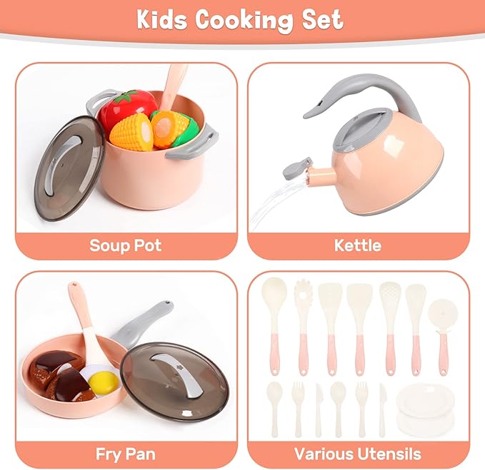 CUTE STONE Toy Kitchen Accessories Set, Play Food Sets for Kids Kitchen, Kids Cooking Sets with Play Pots and Pans, Utensils Cookware Toys, Toddler Kitchen Playset, Play Kitchen Toy for Girls Boys