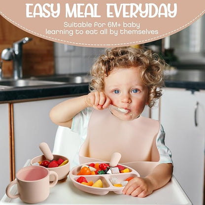 24 Pack Silicone Baby Feeding Set Baby LED Weaning Supplies Includes Suction Divided Plates Soft Bowl Spoons Forks Adjustable Bib Snack Cup and Straws(Gray Blue, Army Green, Beige)