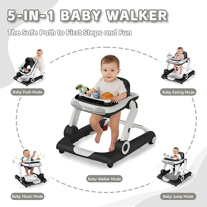 Baby Walker,4-Gear Height Adjustable Baby Walker with Wheels,5 in 1 Baby Activity Center,Music and Lights Bouncer Walker for Baby Boy 6-18 Months,Adjustable Speed Baby Push Walker