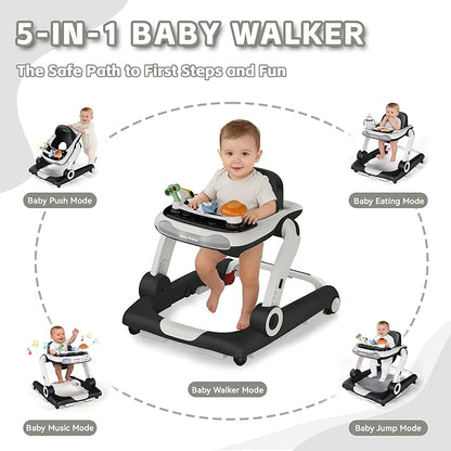 Baby Walker,4-Gear Height Adjustable Baby Walker with Wheels,5 in 1 Baby Activity Center,Music and Lights Bouncer Walker for Baby Boy 6-18 Months,Adjustable Speed Baby Push Walker