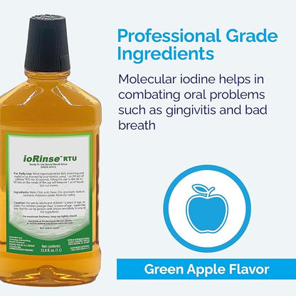 ioRinse Ready-to-Use (RTU) Mouthwash for Fresher Breath, Halitosis Relief, Alcohol-Free, Fluoride-Free and a Professional Clean, Original ioRinse RTU Mouth Wash, Zero Alcohol - Green Apple Flavor, 1L