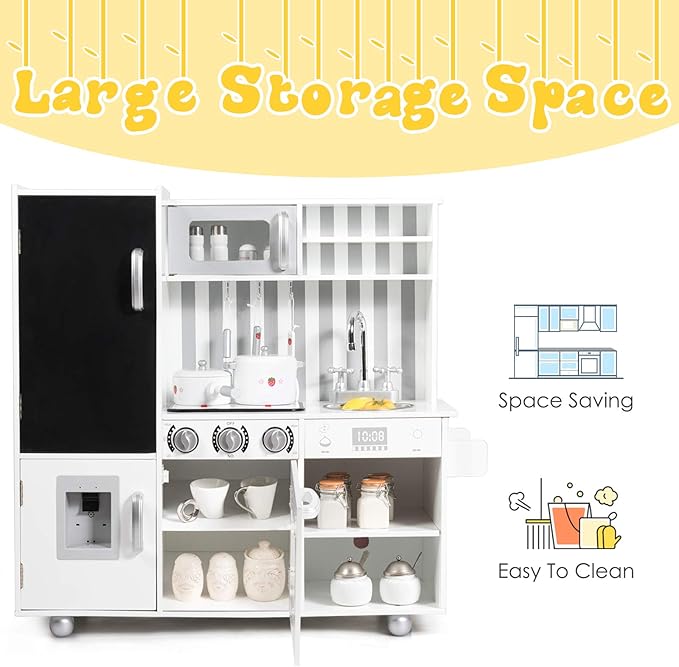 Mayjooy Kids Kitchen Playset, Wooden Play Kitchen w/7 Accessory Utensils, Blackboard, Sink, Stovetop, Sink, Cabinets, Fridge, Simulated Sound & Lights, Pretend Play Kitchen Set for Toddlers Boys Girls