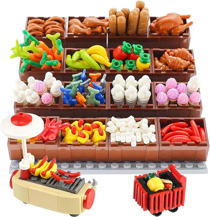 190 Pcs Supermarket Building Block Set Compatible with City-Food, Restaurant-Kitchen Kit with Hotdog-Stall-Ice-Cream-Turkey-Banana Handcart Fish Crab
