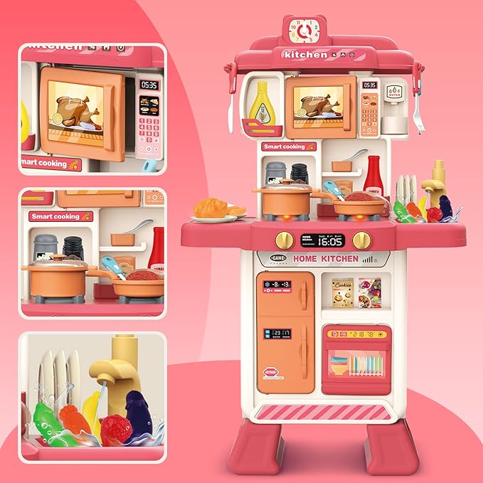 deAO Kids Kitchen Playset Toy with Sounds and Lights, Role Playing Game Pretend Food and Cooking Playset for Kids,35 PCS Kitchen Accessories Set for 3 4 5 Years Old Girls Boys