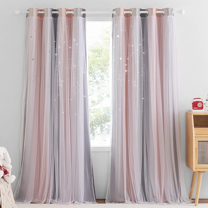 NICETOWN Blackout Moon Stars Kids Curtains for Girls Bedroom Aesthetic Decor Colorful Cute Double Layer Stripe Rainbow Window Wall Home Decoration Curtain, 2 Panels, W52 x L84 Inches, Pink & Grey
