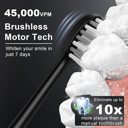 Electric Toothbrush for Adults and Kids, Sonic Electric Toothbrush, 4 Modes and 2 Minute Timer, 30000-45000VPM Power Toothbrush, IPX8, One Charge for 90 days 8 Replacement Head, Christmas Gift (Black)