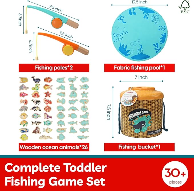 TOP BRIGHT Montessori Toddler Fishing Game - Kids Wooden Magnetic Fishing Toys Gifts for 3 Years Old Girls Boys, Fine Motor Skills for Toddler