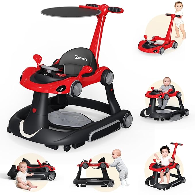 6 in 1 Foldable Baby Walker, Activity Baby Walker-Baby Bouncer, Rocker, Activity Center,Push Walker,Detachable Trampoline Mat, Adjustable Speed Rear Wheels and Height,Music & Lights,Ages 6-18 Months