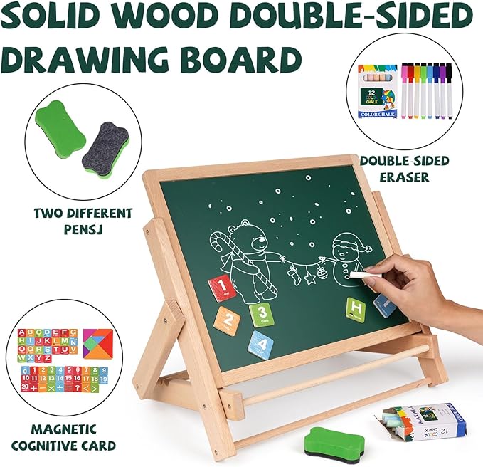 Kids Art Easel with Double-Sided Blackboard and Whiteboard, Wooden Tabletop Easel with Magnetic Letters & Numbers, Foldable Art Board - Educational Drawing & Learning Board for Toddlers & Children