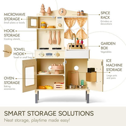 Giant bean Wooden Play Kitchen, Toddler Kitchen Playset, with Microwave Play Sink Ice Maker Oven Cookware Accessories Playset, Pretend Play Food Toys for 3+ Year Old Boys Girls