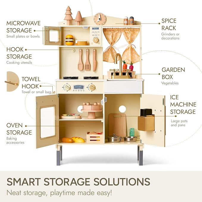 Giant bean Wooden Play Kitchen, Toddler Kitchen Playset, with Microwave Play Sink Ice Maker Oven Cookware Accessories Playset, Pretend Play Food Toys for 3+ Year Old Boys Girls