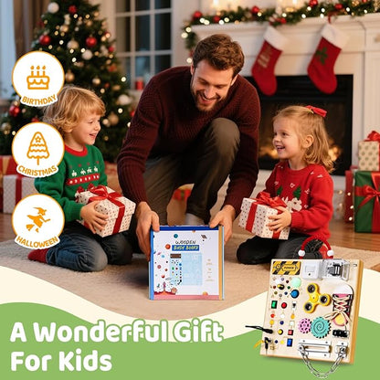 Montessori Wooden Busy Board Toys for 1 2 3 Boys Girls,Toddler Sensory Educational Fidget Board Travel Toy with LED Light Up Switches & Music Boxes, Locks for Kids Gifts