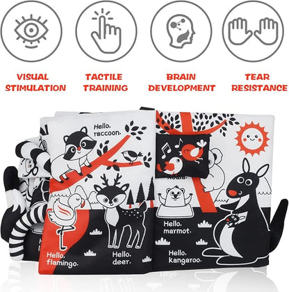 OKOOKO Soft Baby Book Black and White High Contrast Animals Tails Book Bath Book Montessori Sensory Stroller Toy Non-Toxic Crinkle Washable Early Education for Baby Infant Toddler