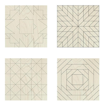 Set of Four 9 Inch Barn Quilt Kit DIY Pattern Unfinished Wood Quilting Block Sign Paintable Crafts for Women, Children, Men, Party (Boho, Large Milky Way Star, HST Fun, Classic Pineapple)