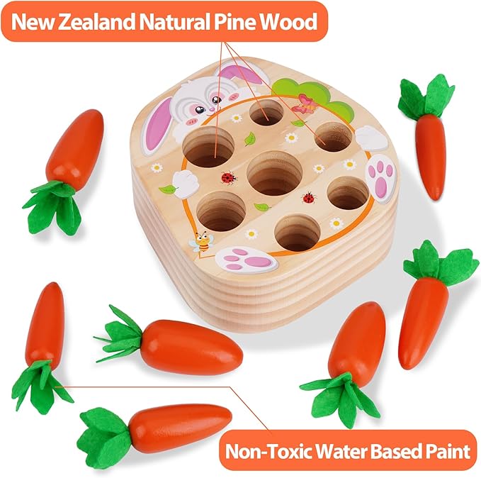 KMTJT Montessori Wooden Carrot Harvest Toy - Shape Sorting & Matching Game for Toddlers 1-3 Years, Fine Motor Skills Development, Educational Easter Birthday Gifts for Baby Boys & Girls (Red)