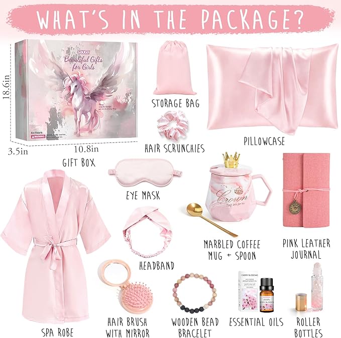 Golray Gifts for Teen Girls Kids -13 Pcs Teenage Girl Gifts Basket with Satin Pillowcase/Spa Robe/Journal/Mug, Christmas Birthday Gifts Set for Women Daughter Sister Tween Girls Toy Age 10 11 12-18