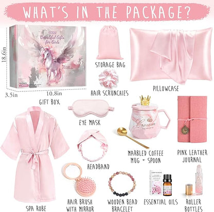 Golray Gifts for Teen Girls Kids -13 Pcs Teenage Girl Gifts Basket with Satin Pillowcase/Spa Robe/Journal/Mug, Christmas Birthday Gifts Set for Women Daughter Sister Tween Girls Toy Age 10 11 12-18