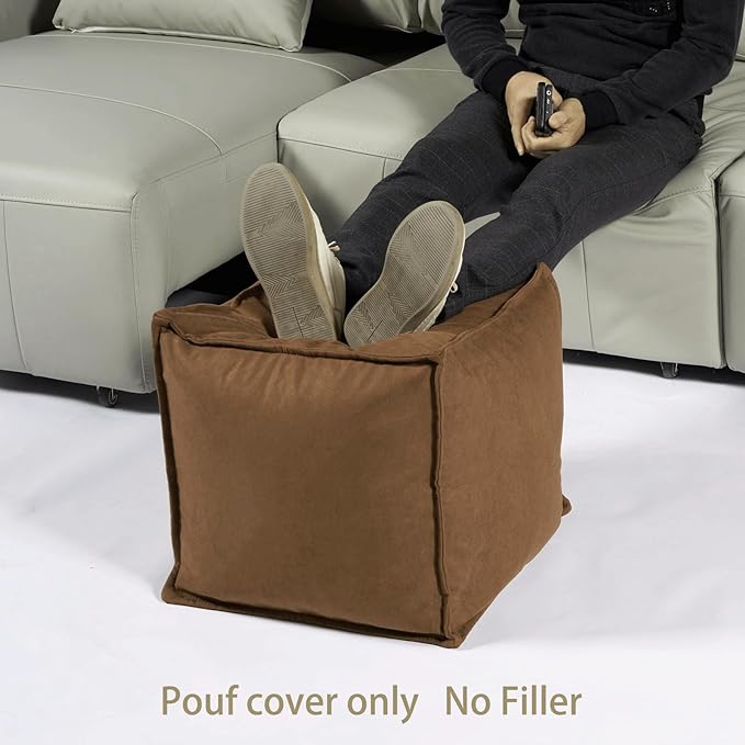 Louis Donné Square Unstuffed Pouf Ottoman Cover Foot Stool Poofy Ottomans Foot Rest small bean bag for Living room Decoration Floor Cushion Storage washable Brown microfaber Fabric(only Cover)NoFiller