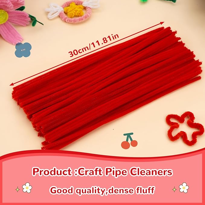 Pipe Cleaners, 100PCS Red Pipe Cleaners Craft Supplies, Pipe Cleaners Bulk Fuzzy Sticks for DIY Art and Craft Projects Home Decoration
