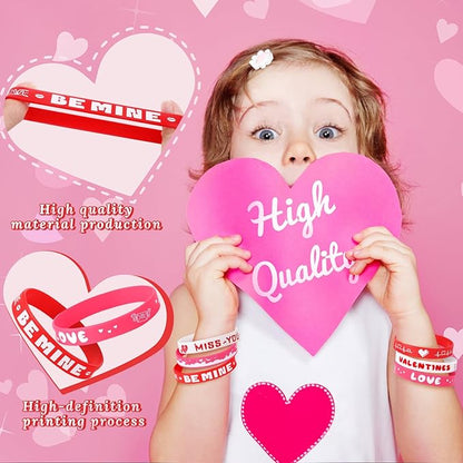 48pcs Valentine's Day Silicone Wristband Happy Valentine's Day Party Favors Pink Red Love Heart Rubber Bracelets Adults Valentine's Day gifts for Kids Classroom Festival Prizes, 6 Designs