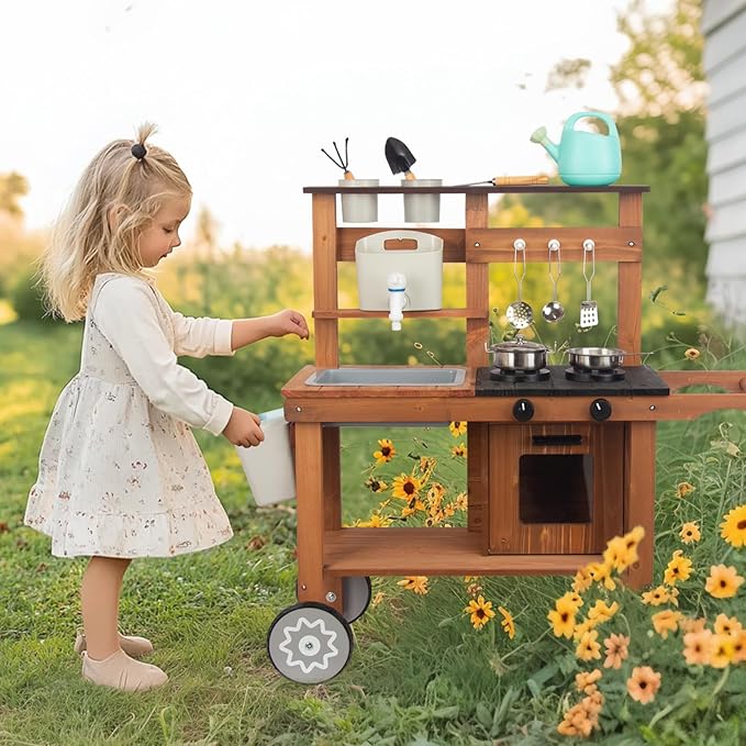 Outdoor Kitchen for Kids,Mud Kitchen Wooden Toy Playset with Wheels, Kettle, Sink, Wooden Plant Container and Kitchen Accessories, for Children Ages 3+ Years