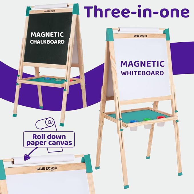 Blue Squid Art Easel for Kids - Dual-Sided Adjustable Wooden Painting Easels, Ideal Christmas Gift for Toddlers and Kid - with Magnetic Chalk Board, White Board & Paper Roll, Includes Accessories