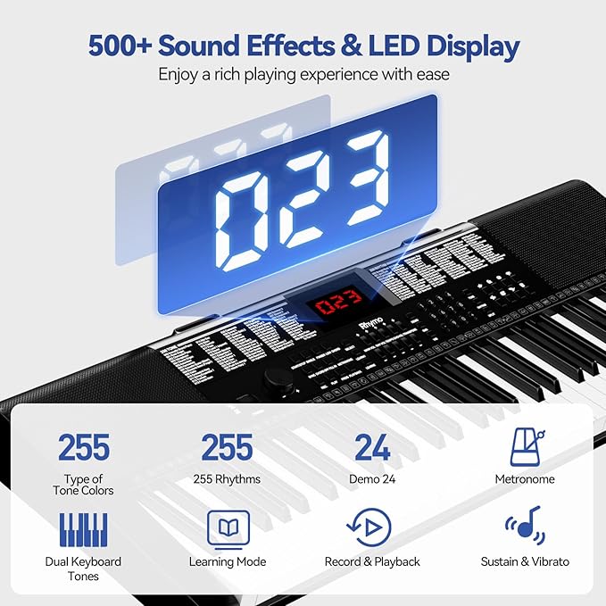 Keyboard Piano 61 Keys, Electric Piano Keyboard Kit with 255 Voices, 255 Rhythms, Powered by Power Adapter or Battery with LCD Display, Includes Sheet Music Stand, Piano Note Stickers, Earbuds (BLACK)