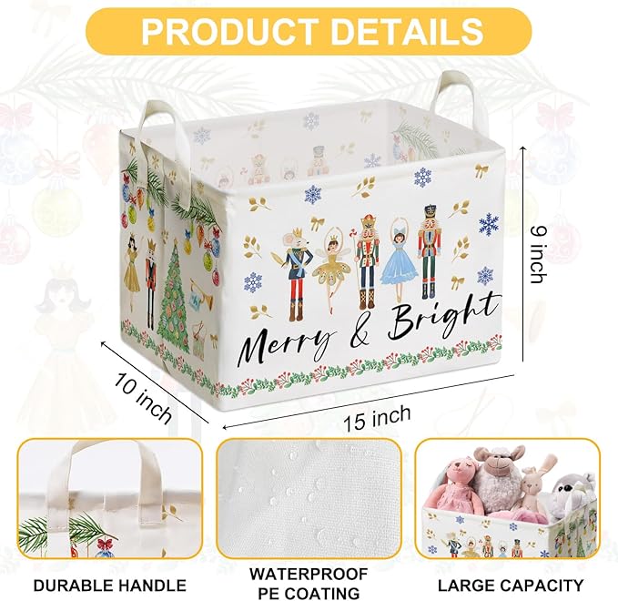 Christmas Storage Basket with Handles, Nursery Organization, Waterproof Toy Box for Boys and Girls Room, Decor Rectangular Fabric Box for Clothes, Christmas Gifts Storage Box, Christmas Party Decor