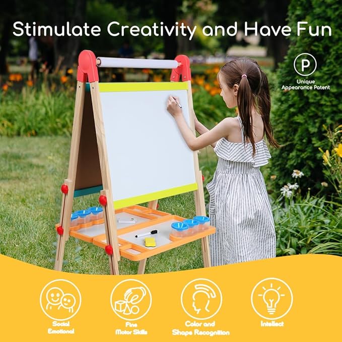 Beipoo All-in-One Art Easel for Kids, Double Sided Wooden Kids Easel, Art Easel for Painting, Toddler Art Easel, Kids Easel with Paper roll Art Easel for Kids Ages 2-4 4-8 8-12