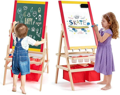 HONEY JOY Easel for Kids, Wooden Double-Sided Standing Toddler Easel w/Magnetic Chalkboard & White Board, Paper Roll, Painting Accessories, Magnetic Alphabet, Art Easel for Boys and Girls, Red