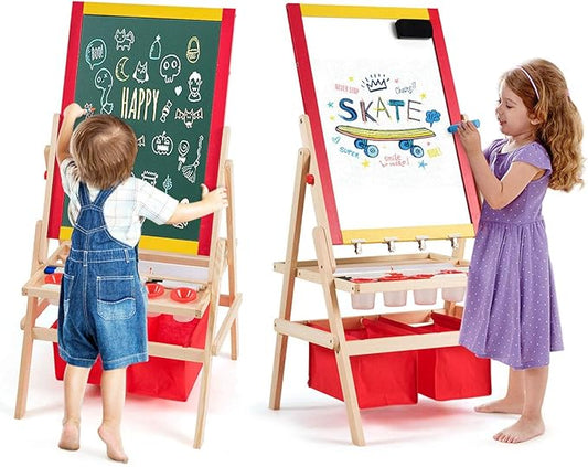 HONEY JOY Easel for Kids, Wooden Double-Sided Standing Toddler Easel w/Magnetic Chalkboard & White Board, Paper Roll, Painting Accessories, Magnetic Alphabet, Art Easel for Boys and Girls, Red