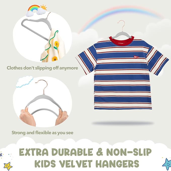 HOUSE DAY Velvet Kids Hangers 60 Pack, Premium Childrens Hangers for Closet, Ultra Thin Cute Hangers Kids Clothes Hanger, Non Slip Kids Felt Hangers 14 Inch, Small Hangers for Kids Clothes, Grey