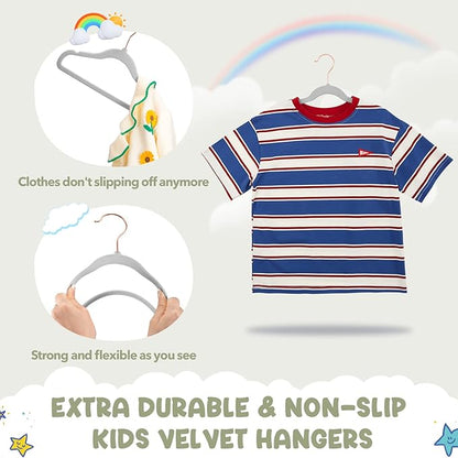 HOUSE DAY Velvet Kids Hangers 60 Pack, Premium Childrens Hangers for Closet, Ultra Thin Cute Hangers Kids Clothes Hanger, Non Slip Kids Felt Hangers 14 Inch, Small Hangers for Kids Clothes, Grey