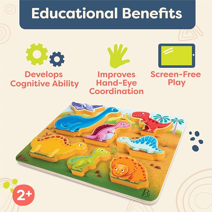 B. toys- Peek & Explore - Dinosaurs- Wooden Puzzle – Chunky Puzzle for Toddlers, Kids – Dinosaur Puzzle – Educational & Developmental Toys – 2 Years +