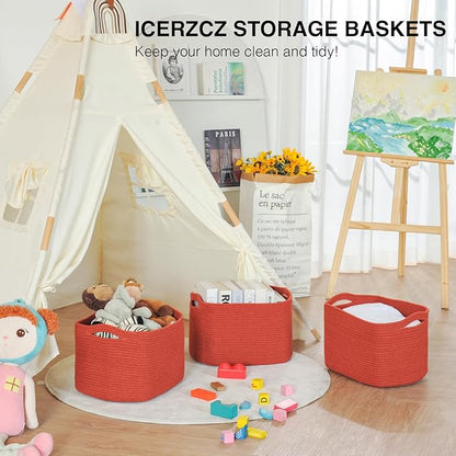 ICERZCZ Storage Baskets for Organizing, Storage Basket for Shelves, Toy Towel Basket for Bathroom Nursery, Woven Cotton Rope Baskets for Decor, 15"x11"x9.5", 3 Packs, Brick Red