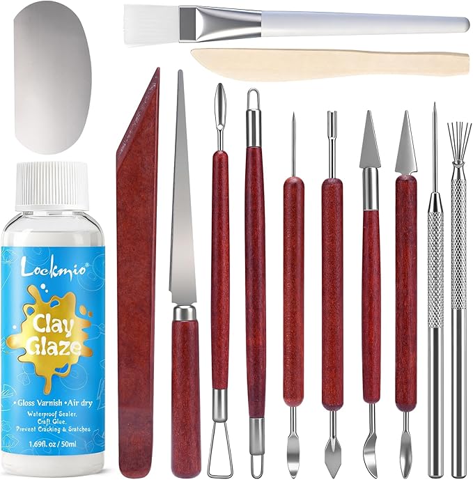 14PCS Clay Sculpting Tools, Complete Pottery Tools with Ergonomic Handles & 1.7FL OZ Air Dry Clay Glaze for Pottery Craft, Carving Ceramics, Molding Polymer Clay – Ideal for Artists, Beginners, Adults