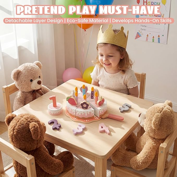 Pretend Play Food for Toddlers 2-5, Wooden Birthday Fake Cake with Candles and Numbers,Tea Party Learning Kitchen Gift Toys for Boys Girls (Pink Cake)