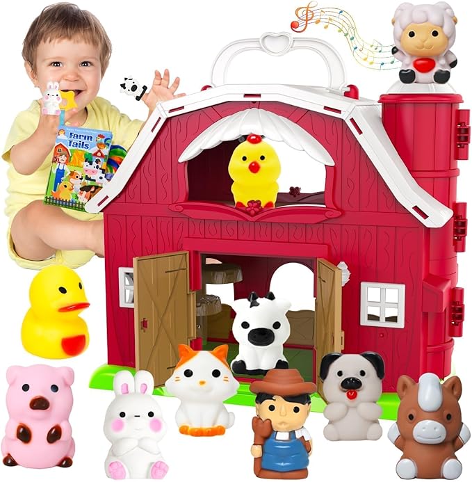 Kimicare Musical Red Barn Toy Farm Animal Finger Puppets for 3 4 5 Years Old, Animal Figures Playset with Farm Baby Book, Sensory Learning Toys Birthday Gifts for Kids Boys Girls