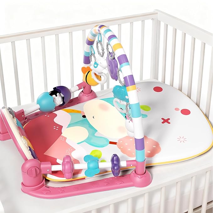 Jovow Baby Gym with Musical Piano,Baby Play Mat Tummy Time Baby Activity Gym Mat with 5 Infant Learning Sensory for Baby, Music and Lights Boy or Girl for Newborn（Pink）