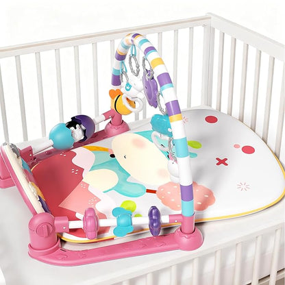 Jovow Baby Gym with Musical Piano,Baby Play Mat Tummy Time Baby Activity Gym Mat with 5 Infant Learning Sensory for Baby, Music and Lights Boy or Girl for Newborn（Pink）