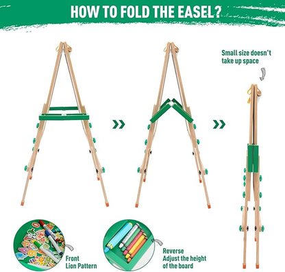 Extra Large Wooden Easel with Paper Roll, Art Easel for Kids White Board & Chalkboard 2 Sided, Height Adjustable, Foldable Drawing Board Includ Rich Painting Accessories, L: 25.5, W: 20.9, H: 43.3inch