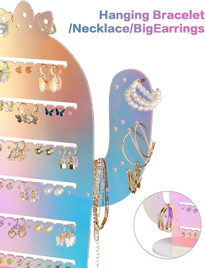 NiHome Cactus Iridescent Acrylic Earring Organizer, 11.2"x12.8", Earring Holder Organizer, Earring Stud Organizer, Plastic Clear Acrylic Earring Rack Holder Organizer for Girl Women
