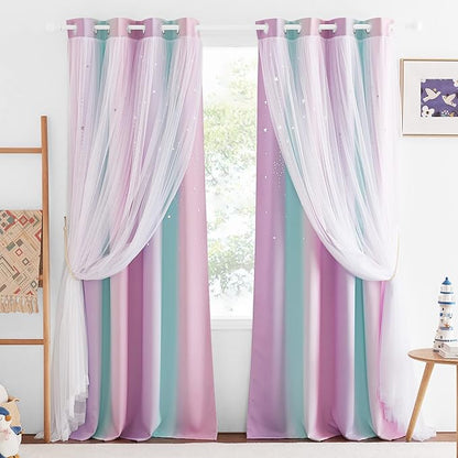 NICETOWN Moon Star Curtains for Girls Bedroom Nursery Blackout Decor Light Blocking Sheer Overlay PrincessRainbow Striped Layered Window Curtains, 2 Panels, 52W x 84L, Purple Blue Pink