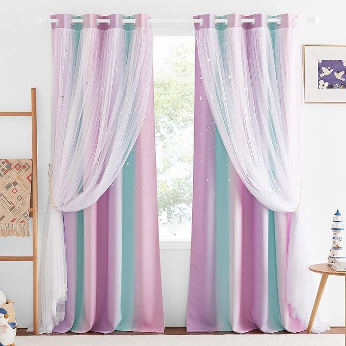 NICETOWN Moon Star Curtains for Girls Bedroom Nursery Blackout Decor Light Blocking Sheer Overlay PrincessRainbow Striped Layered Window Curtains, 2 Panels, 52W x 84L, Purple Blue Pink