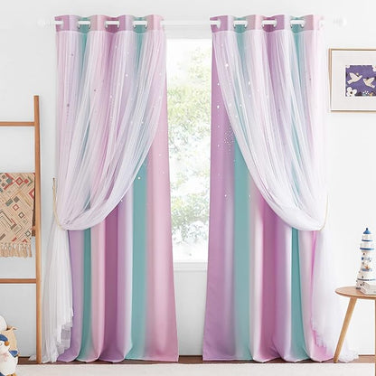 NICETOWN Moon Star Curtains for Girls Bedroom Nursery Blackout Decor Light Blocking Sheer Overlay PrincessRainbow Striped Layered Window Curtains, 2 Panels, 52W x 84L, Purple Blue Pink