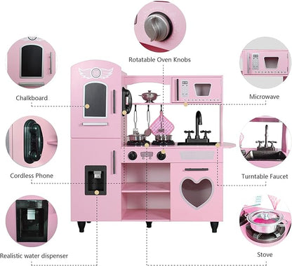 TaoHFE Play Kitchen, Pink Kids Kitchen Set for Girls Kitchen Set for Kids Ages 6-8 Gift Toddler Kitchen Set for Kids Age 3+ Kids Kitchen Playset with Lights & Sounds Wooden Toy Kitchen Playset Gift