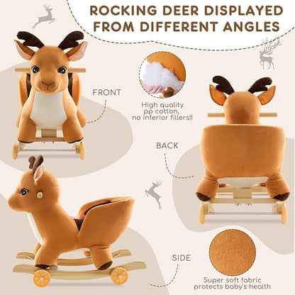 Toddler Rocking Horse Ride-on Toy 2-in-1 Convertible Rocker Pull Cart with Detachable Wheels, Music Player Safety Belt, Early Learning Baby Ride on Birthday Gift for 1-3 Year Old Boys Girls